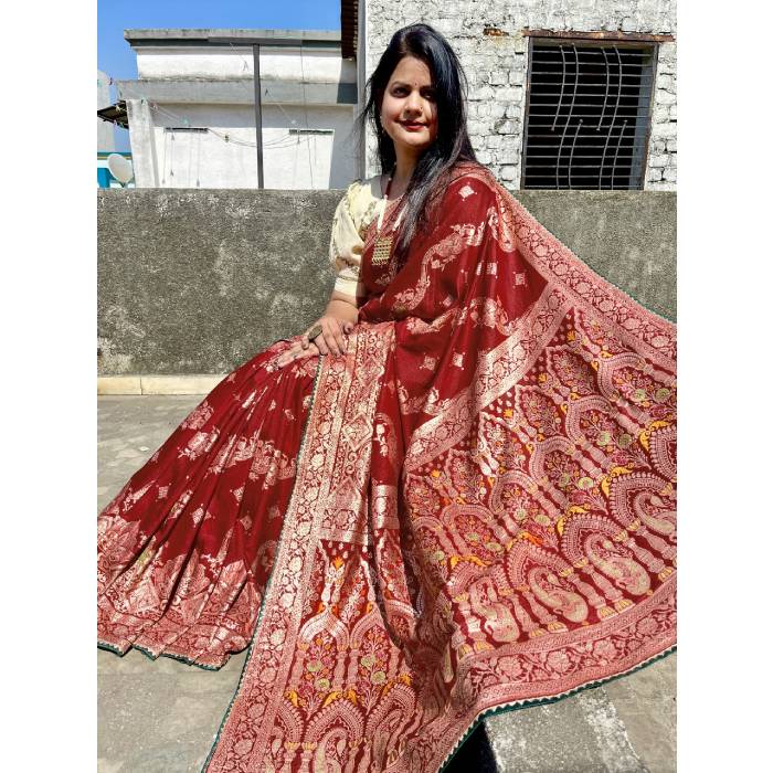 Luxury Pure Soft Kolkata Meena Silk Saree with Beautiful Elephant and Zari Weaving Design