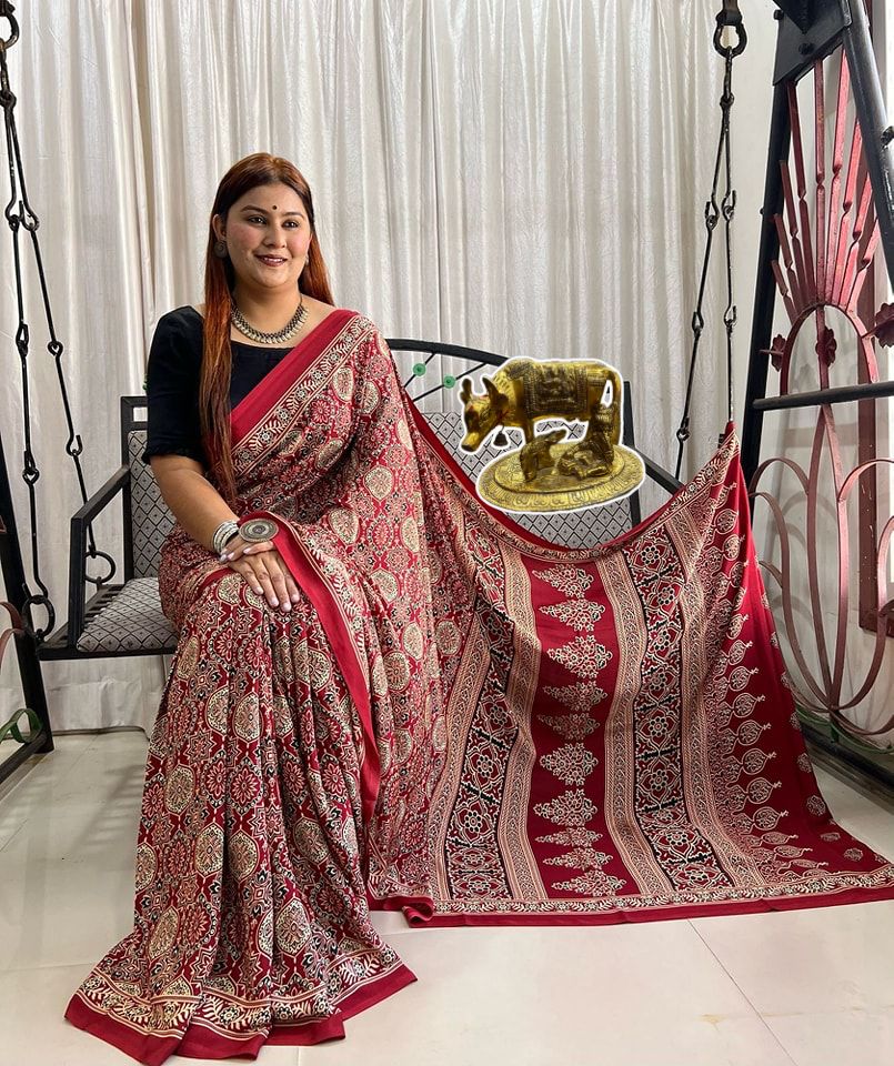 Elegant Ajrakh Print Luxury Gaji Silk Saree in Stunning Maroon– Handcrafted Beauty