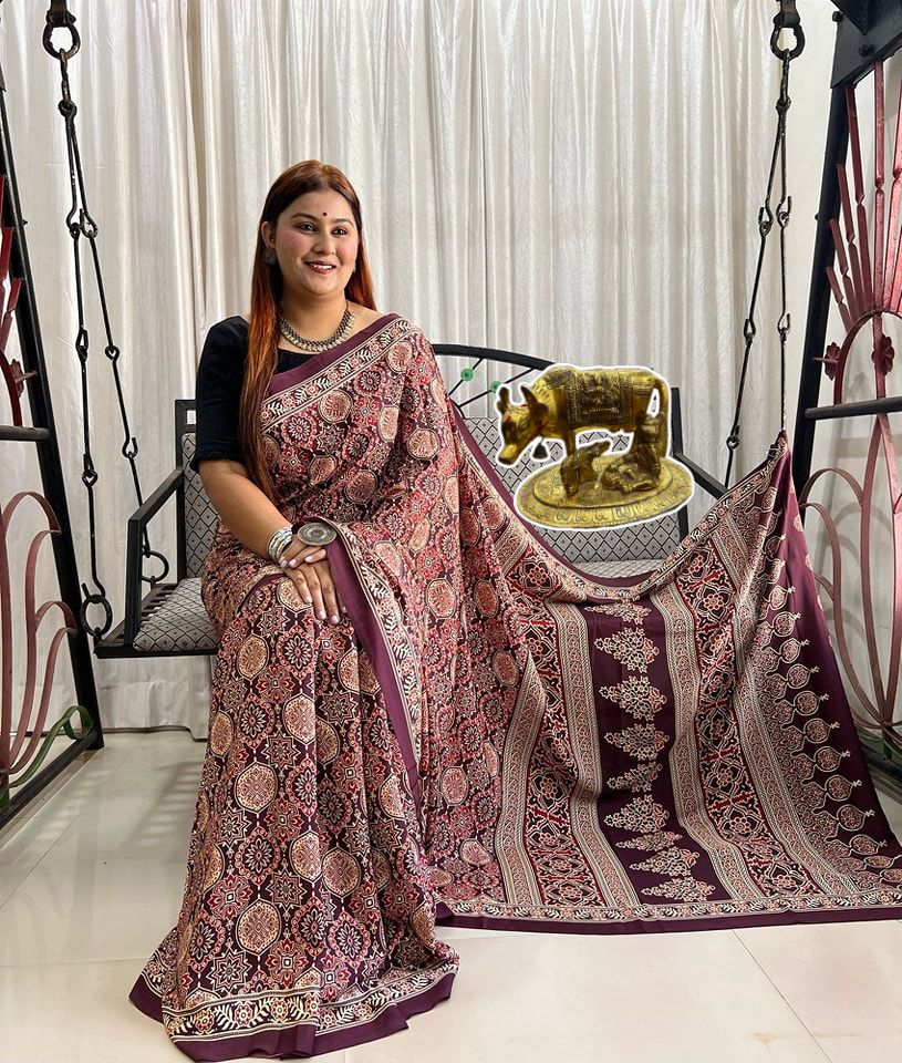 Elegant Ajrakh Print Luxury Gaji Silk Saree in Stunning Wine Color – Handcrafted Beauty