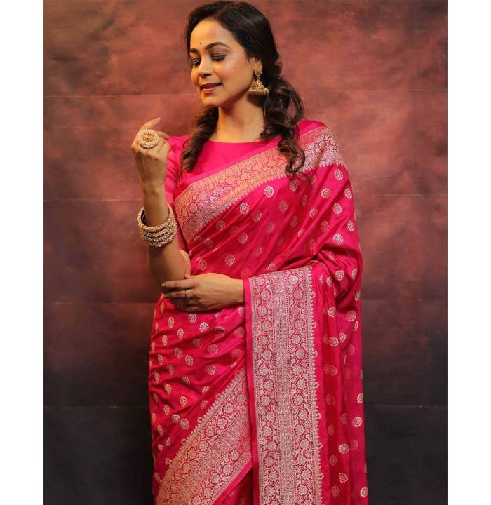 Elegant Pink Soft Banarasi Silk Saree | Heavy Pallu & Woven Border | Matching Blouse